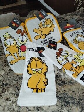 Garfield Yellow Cotton Kitchen Towel & Pot Holder Set New